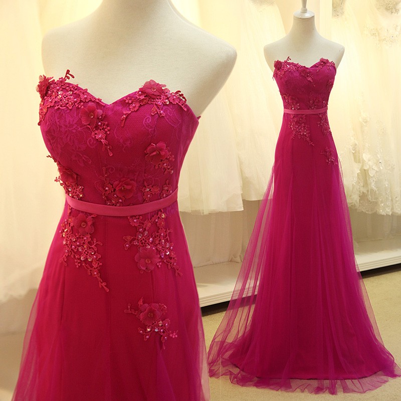 Long Prom Dress With Lace Applique Custom Made Rose Red Tulle Delicate Formal Dresses Fast 0621